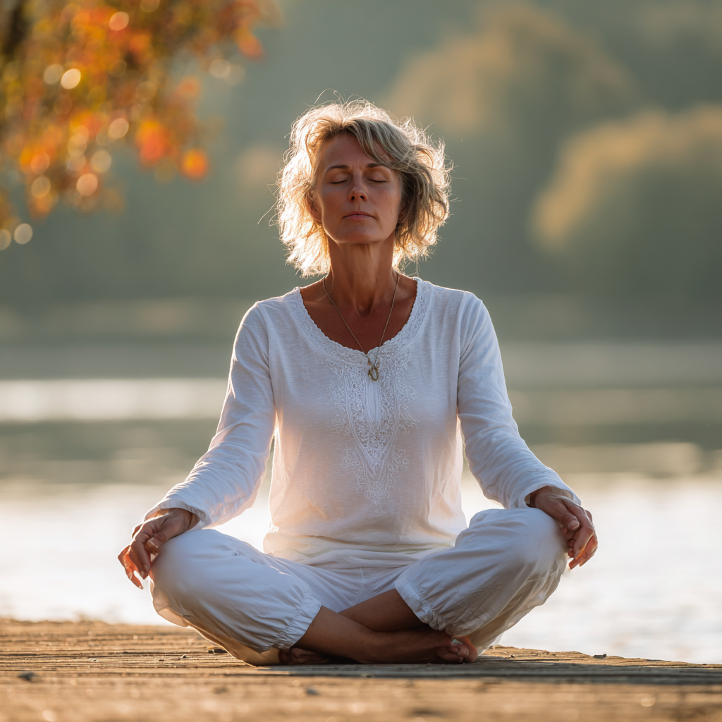 Middle-aged Ukrainian woman in comfortable yoga attire practicing mindful breathing in a serene natural outdoor setting, with peaceful expression and mountains in background