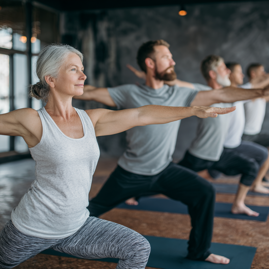 Elderly Ukrainian man and woman sitting in meditation pose with serene expressions, demonstrating mental clarity and focus in a peaceful indoor setting